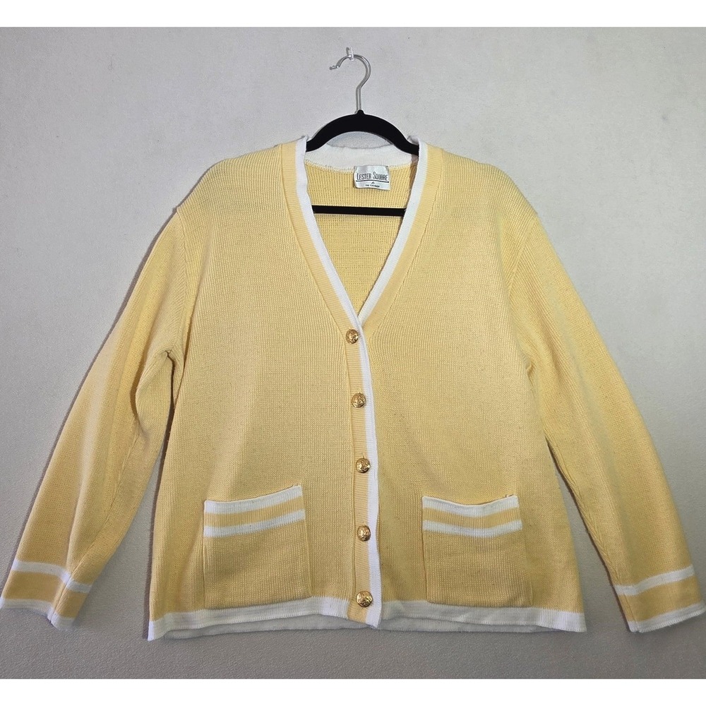 Lester Square Vintage Yellow White Trim Cardigan Gold Crest Buttons Petite Large